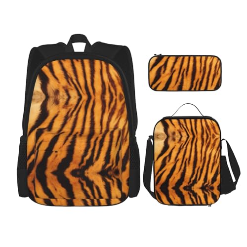 WURTON Schulrucksack-Set mit Tiger-Streifenmuster, 3-in-1, Büchertaschen-Set mit Lunchbox, Federmäppchen, Reise-Laptop-Tagesrucksäcke, Schwarz , Einheitsgröße