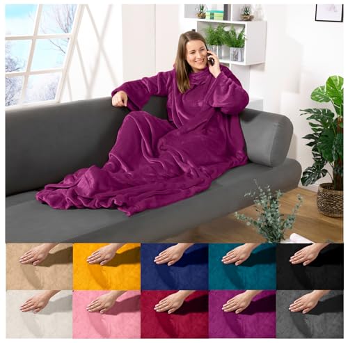 heimtexland ® Ärmeldecke TV Kuscheldecke mit Ärmeln Taschen Fußsack Super Soft Flanell tragbare Decke Ganzkörperdecke Typ870 Beere 200x170 cm