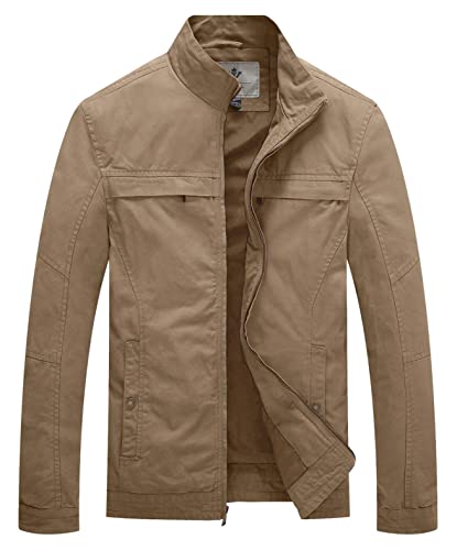 WenVen Herren Leichte Front-Reißverschluss Sternkragen Jacke Khaki Small