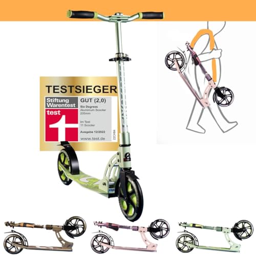 SIX DEGREES Aluminium Scooter mit Klappmechanismus u. Ständer, 205 mm, höhenverstellbarer Cityroller für Kinder und Erwachsene, Roller in Lime Dream, TESTSIEGER