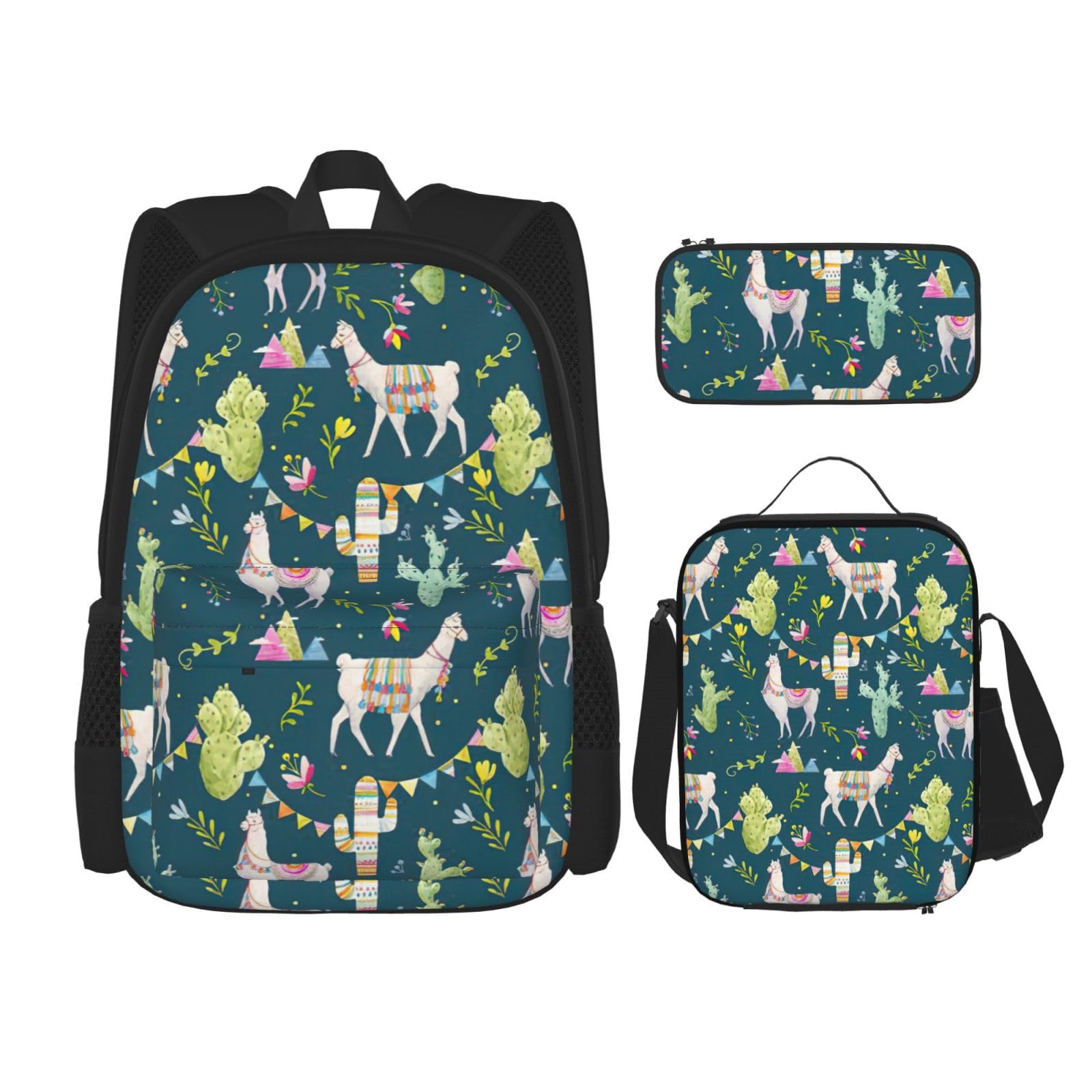 WURTON Lama Tier Alpaka Tropischer Kaktus Druck Schulrucksack 3 in 1 Büchertasche Set mit Lunchbox Federmäppchen Reise Laptop Daypacks