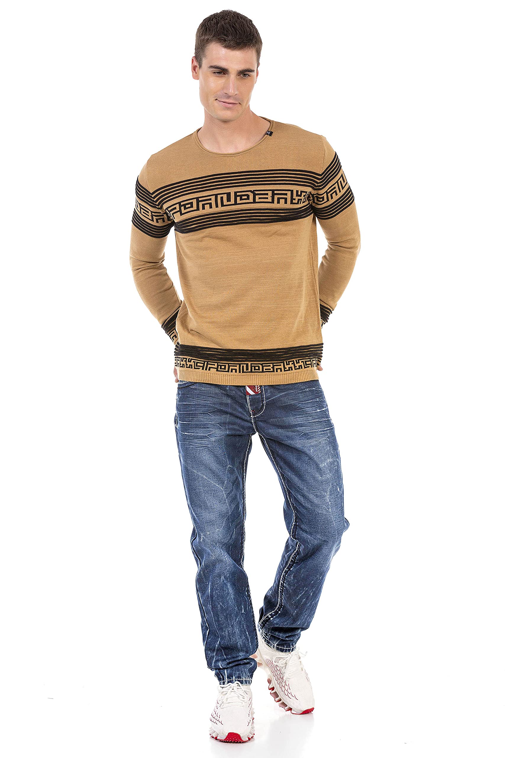 Cipo & Baxx Herren Strickpullover Streifen Muster Strick Rundhals Langarm Pullover CP243 Camel L