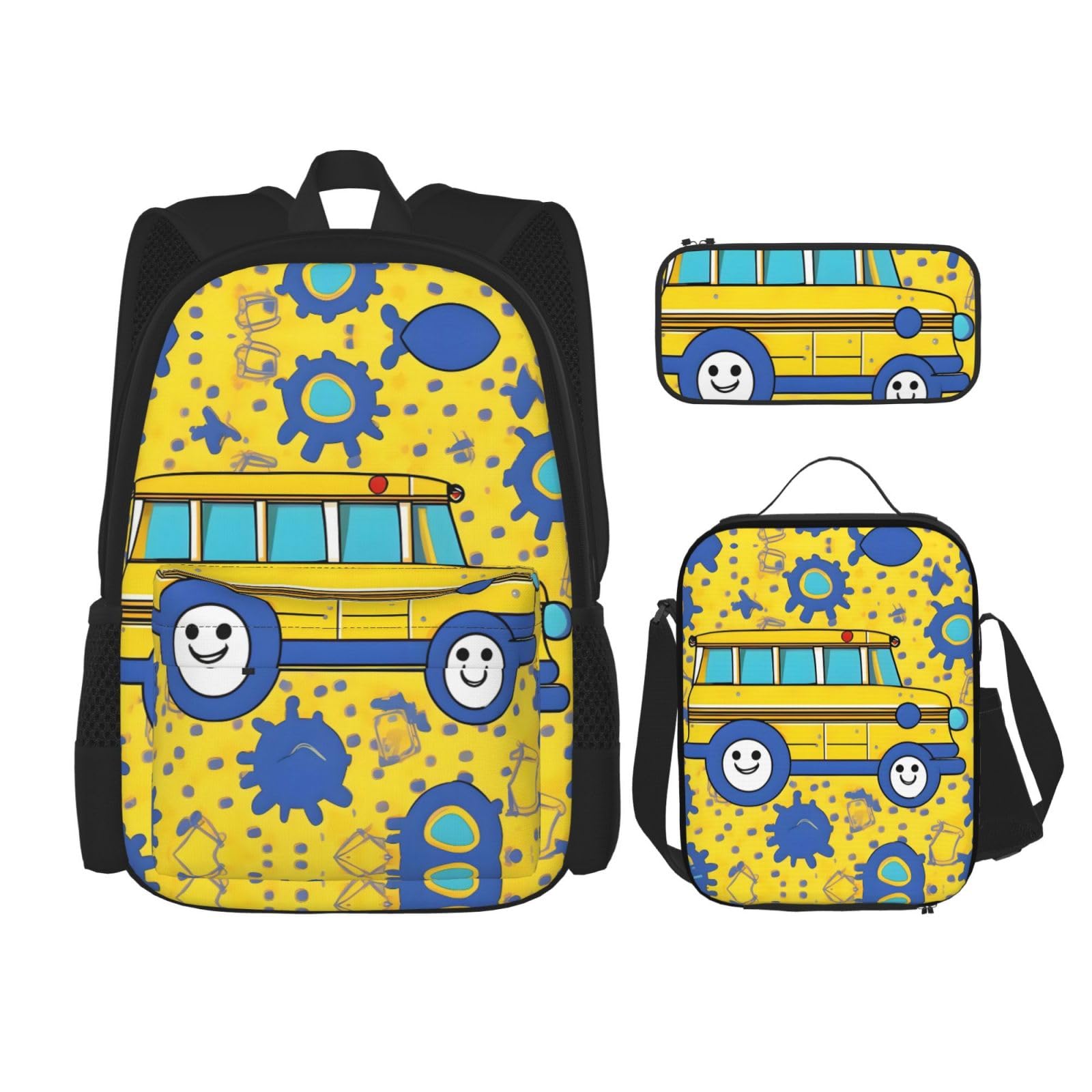 WURTON Schulbus-Druck Reise Lunchbox Federmäppchen Rucksack Set 3 Stück Verstellbare Träger Leicht, Schwarz, Einheitsgröße