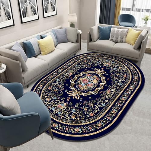 Jwujnxaq Teppich Oval Wohnzimmer Deko Weich rutschfest Vorleger Waschbar Teppiche für Schlafzimmer, Esszimmer Blau Gelb Blumen Vintage, 150 x 180 cm