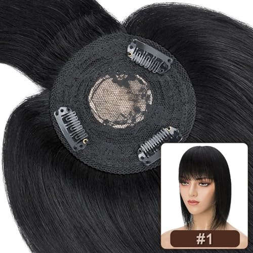 Haartopper für Frauen Haaraufsätze for Frauen mit dünner werdendem Haar, glatter Echthaaraufsatz mit Pony, 8,5 x 8,5 cm, weiche, atmungsaktive indische Haarteile mit 3 Clips Haarteil Topper Toupet Fra