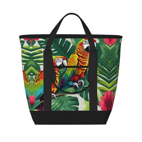 YQxwJL Isolierte Kühltasche mit tropischem Blumen- und Blatt-Papageien-Druck, großes Fassungsvermögen, Einkaufstasche, Reisetasche, Strand, wiederverwendbare Einkaufstasche für Erwachsene, Schwarz,