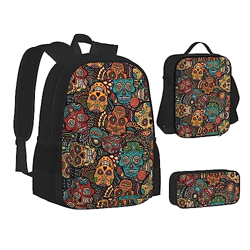 WURTON Büchertasche mit Totenkopf-Motiv, 3-in-1, Schulrucksack-Set, Kinderrucksack, Lunch-Tasche, Federmäppchen, Kinderrucksack-Set