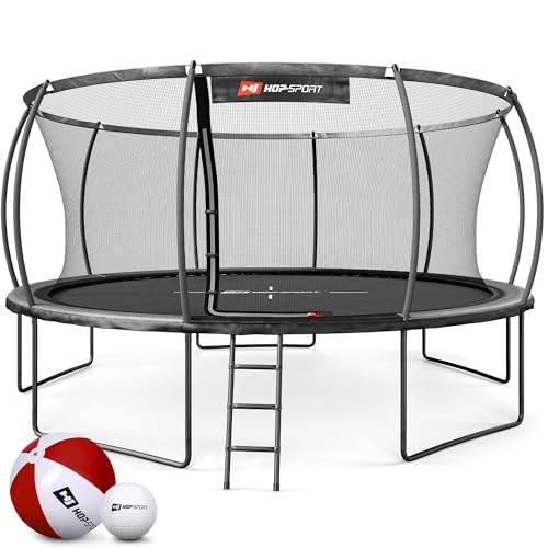 Hop-Sport Trampolin Outdoor Ø 305/366/427/488 cm - Trampolin mit innovativen, gebogenen Netzstangen, Sicherheitszertifikaten und Sicherheitsnetz (Grau/Schwarz, 488 cm)