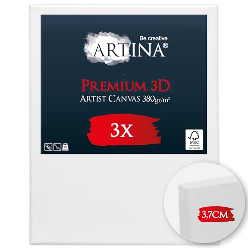 Artina 3er Set 3D Leinwand 40x50cm – Bespannt auf stabilem FSC® Keilrahmen, verzugsfrei, 3-fach weiß vorgrundiert, Premium Qualität, 100% Baumwolle, 380 g/m² – Künstlerbedarf