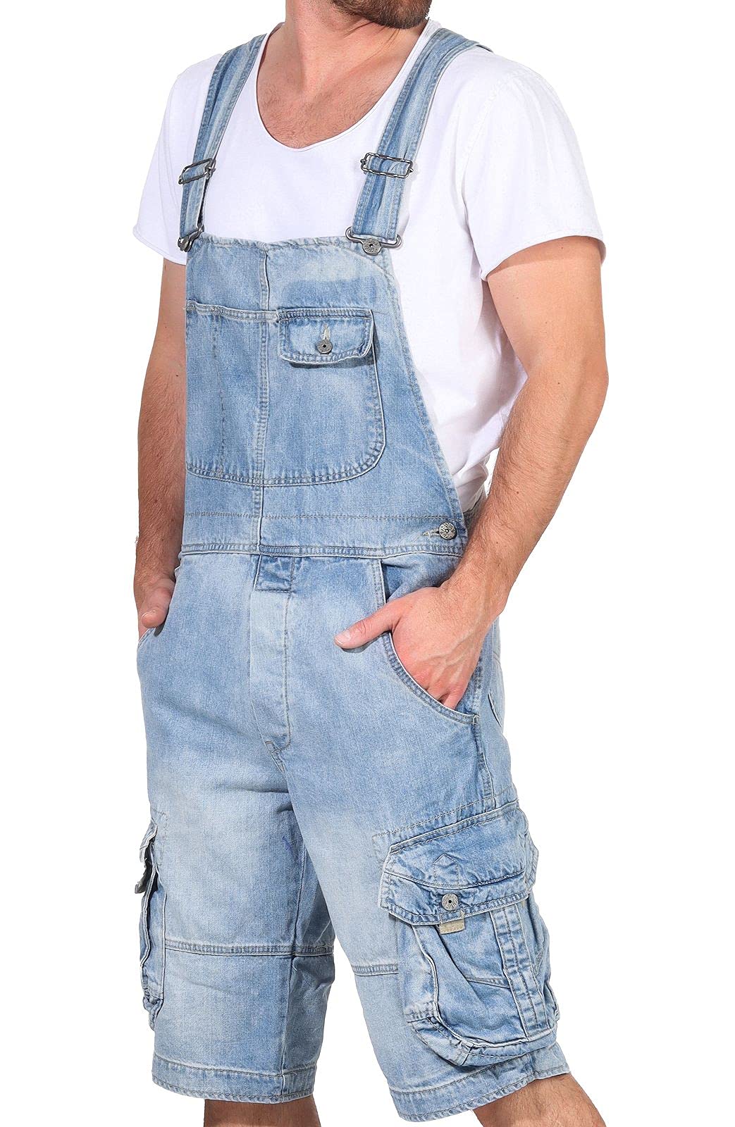 Jet Lag Herren Overall Shorts Kurze Latzhose Cargo-Style TO3 Denim Bleached XXL