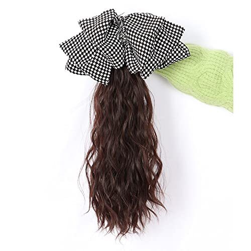 Perücken für Frauen Perücke Pferdeschwanz Schleife Haarschmuck Mädchen Greifclip Wasser Ripple Pferdeschwanz Zopf Hochwertige Perücke für die Tägliche Party Cosplay Tragen(Dark brown,Checkerboard bow)