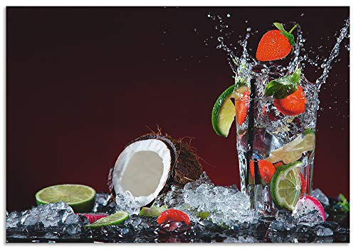 ARTLAND Spritzschutz Küche aus Alu für Herd Spüle 80x55 cm (BxH) Küchenrückwand mit Motiv Getränke Obst Früchte Kokos Erdbeere Limette Cocktail S6AS