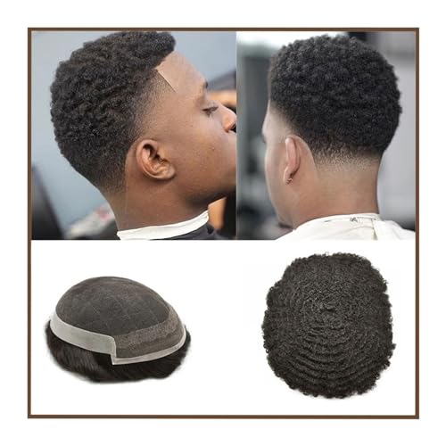 Perücke Männer Afrikanisches gewelltes Haarteil Afro-Männer-Toupet mit Spitze vorne und seitlich PU-Basis, lockiges Remy-Haar, Ersatz for männliches Kapillarsystem Toupet für Herren(8mm Wave,6x9)