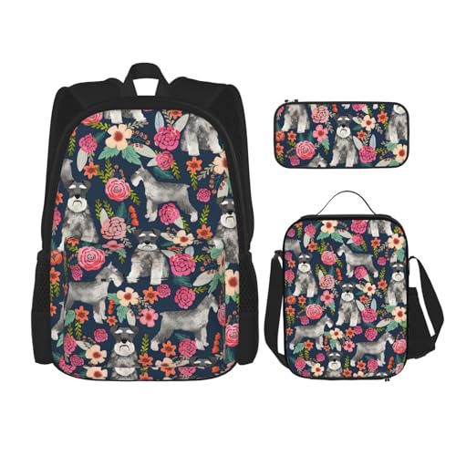 WURTON Schnauzer Print Lunchbox Federmäppchen Rucksack Set 3-teilig Verstellbare Träger Langlebig Leicht, Schwarz, One Size