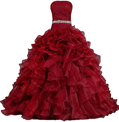 Zorayi Damen Lange Trägerlos Falten Organza Abendkleid Partykleid Besondere Anlässe Kleider Burgund Größe 34