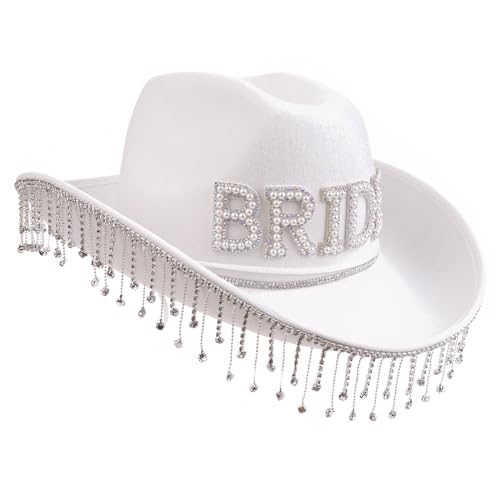 Cowgirl-Hut für Braut, Hochzeit, Foto, Kostüm-Requisiten, Outdoor-Frauen-Mädchen-Hut mit Strass-Fransenkrempe, Brauthüte für Junggesellinnenabschied, Cowgirl-Brauthut, Brauthüte für