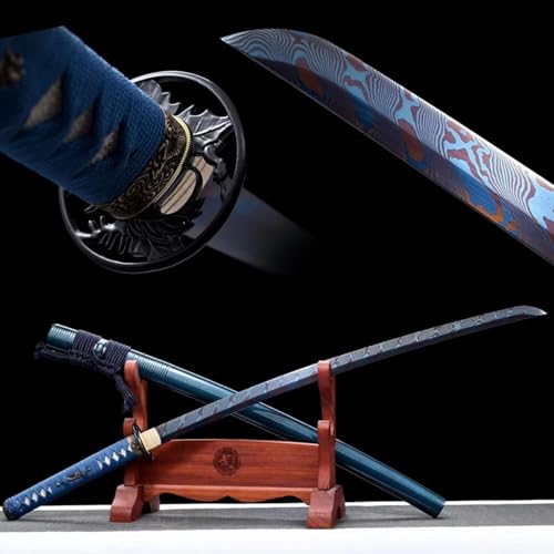 MAUXpIAO 103 cm Blaues Ahornblatt-Katana, Hundert raffiniertes Muster Stahl gegrillte blaue Leitermusterklinge, eiserner Handschutz, handgefertigte Samurai-Schwerter zum Verschenken, Ausstellen, Samme