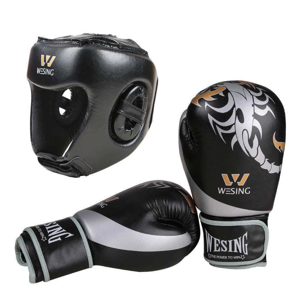 Wesing Boxhandschuhe und Kopfbedeckung Sets Boxen Kampfsport Training Equipment XL Schwarz