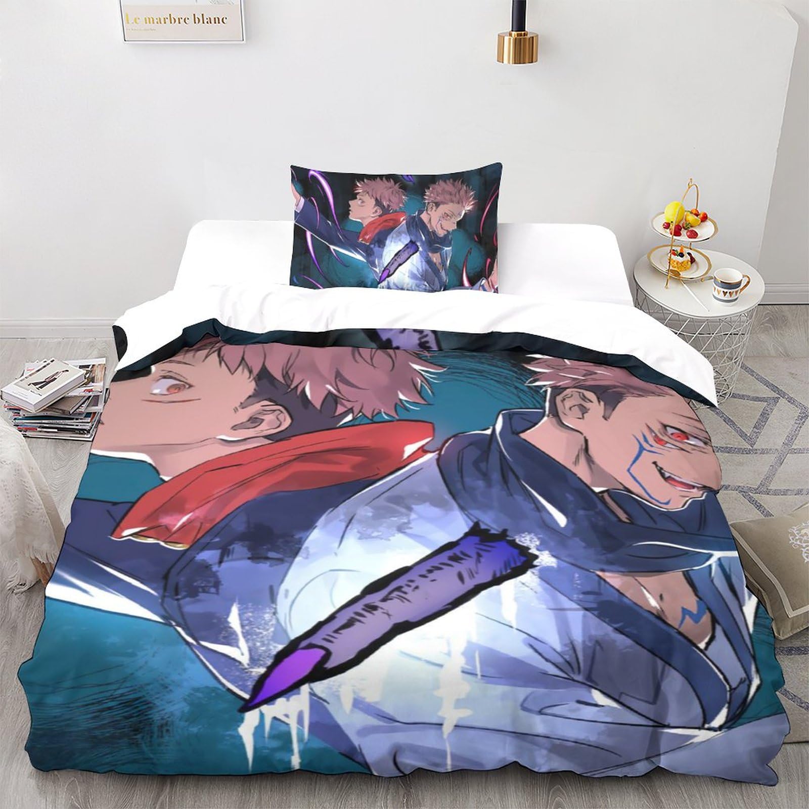 UKALOU Jujutsu Kaisen 3-Piece Duvet Cover Set - 3D Printed Comforter Cover with Hidden Zipper Closure, Microfiber Sukuna Bedding Set with Pillowcases for A Cozy Night's Sleep Single（135x200cm）