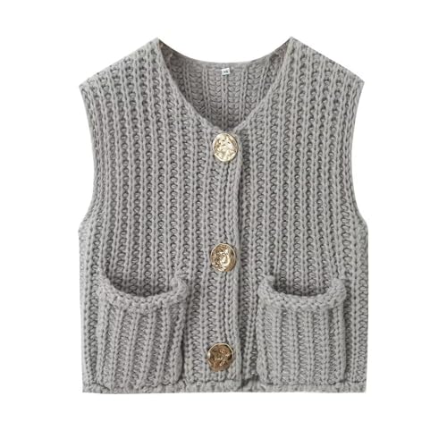 Sweater Vests Women 2024, Women's Button Front V Neck Sleeveless Crochet Solid Checkered Knit Sweater Vest with Pockets (Light Grey,Small)