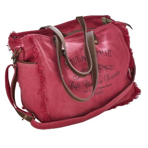 Loberon Tasche Anoush, Abnehmbarer Schulterriemen, mit Vintage-Print & Fransen, mit Reißverschluss, Accessoire, Henkeltasche, Baumwolle, Büffelleder, fuchsia