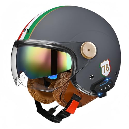 3/4-Bluetooth-Helm mit offenem Gesicht, Vintage-Motorrad-Halbhelm, ECE-zugelassenes Moped mit Doppelvisier, Motorradhelm für Männer, Erwachsene, Frauen L,M57-58CM