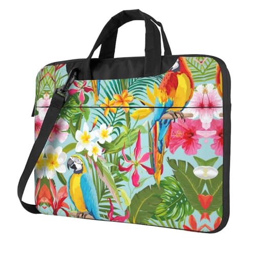 Praktische Laptoptasche mit tropischen Pflanzen und Papageien, stilvolle Kuriertasche und Laptop-Umhängetasche, Schwarz, 14 inch