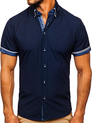 BOLF Herren Hemd Kurzarm Sommerhemd Figurbetont Bügelleicht Baumwollmischung Unifarben Basic Slim Fit 2911-1 Dunkelblau XL [2B2]