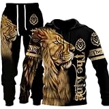 RIAAJ Löwe Tiger Streatwear Trainingsanzüge,Herren 3D Wolf Jogginganzug Kapuzenpullover 2 set Trainingsanzug Sportanzug (lion1,L)