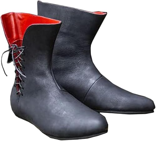 Mittelalterliche Ritterstiefel für Erwachsene, Cosplay, Renaissance-Retro, vielseitiges Bindeseil, Flacher Boden, mittlere Stiefelschuhe, Schwarz, 45 EU