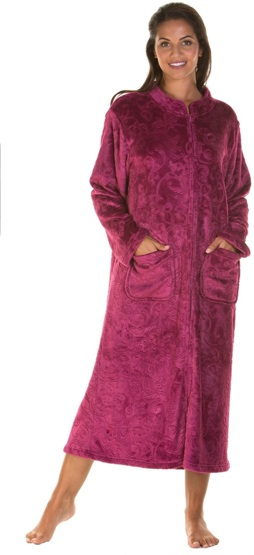 Lady Olga Fleece-Nachtwäsche in 3 Stilen, Bademantel, Morgenmantel oder Bettjacke, mit Reißverschluss und Knöpfen Gr. 42/44 DE, Dark Rose - Reißverschluss