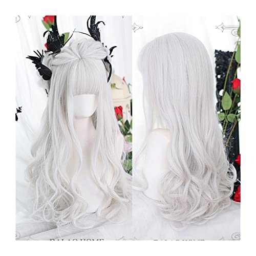 Perücke für Frauen Lange synthetische Perücke mit Pony, silberweiße gewellte Perücke, natürliche lange gewellte Cosplay-Perücken for Frauen, Party, Halloween, Weihnachten Human Hair Wig