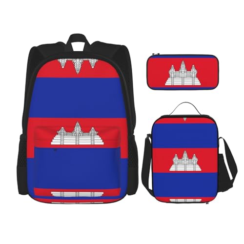 WURTON Schulrucksack-Set mit Kambodscha-Flagge, 3-in-1-Büchertaschen-Set mit Lunchbox, Federmäppchen, Reise-Laptop-Tagesrucksäcke