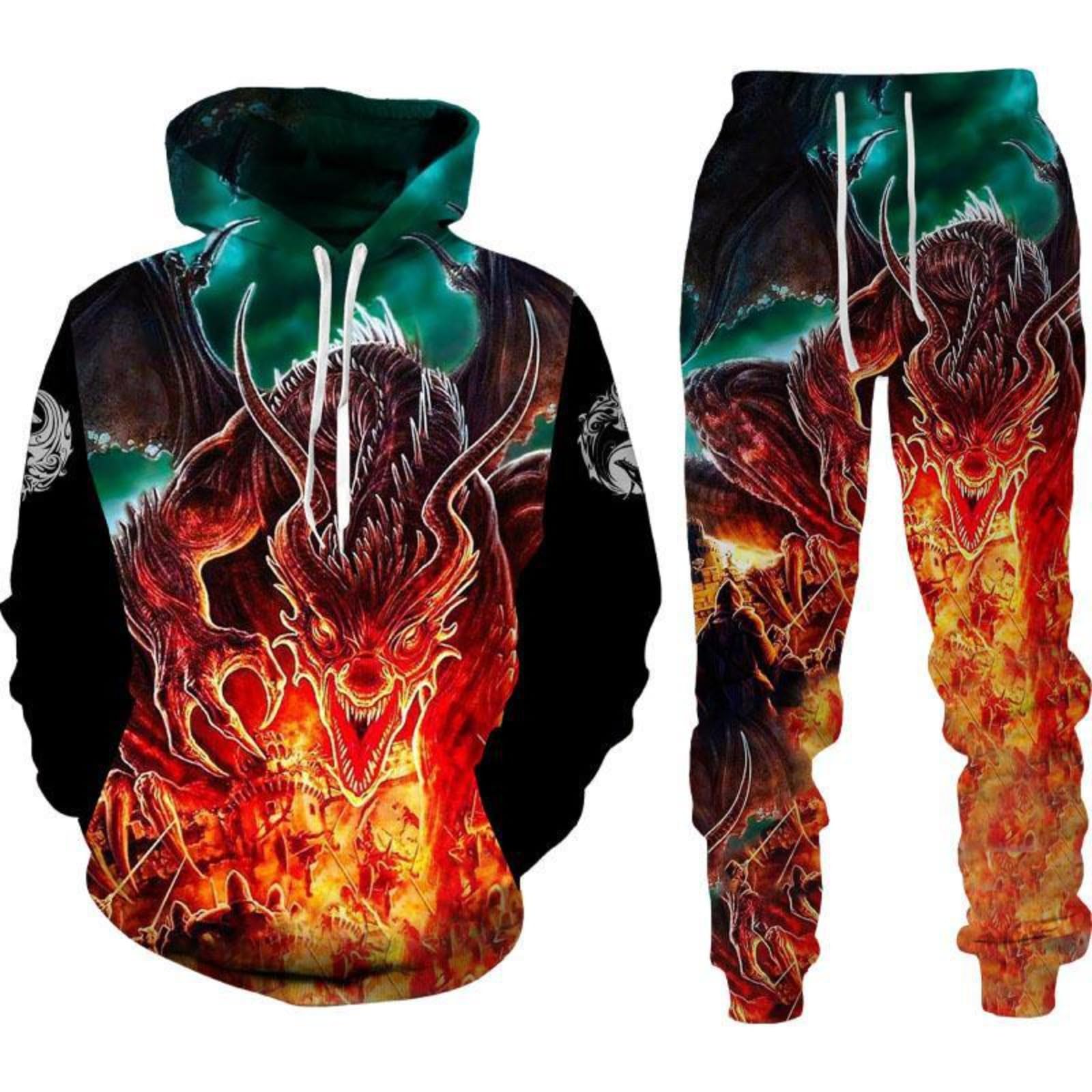 RIAAJ Männer Chinesischer Drache Hoodie 3D Gedruckt Lose Pullover Chinesischer Drache Sport Shirt Jogging Anzug Sport Set (F1,2XL)