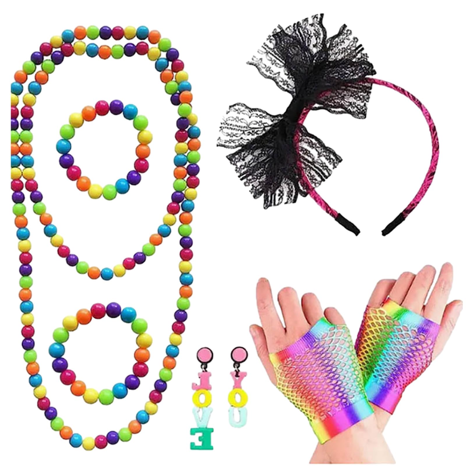 80er-Jahre-Kostüm-Zubehör, Spitze, Stirnband, bunte Ohrringe, Fischnetz-Handschuhe, Halskette, Armband, Verkleiden für Themenpartys, 80er-Jahre-Kostüm-Zubehör-Set, Fischnetz-Handschuhe, Halskette,