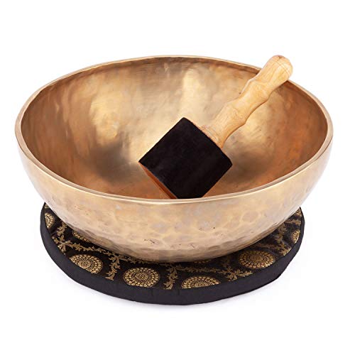 Handgefertigte tibetische Klangschale aus Indien inkl. Unterlage & Holzklöppel | Singing Bowl Ø 30 cm | Klangtherapie, Meditation, Achtsamkeit, Entspannung