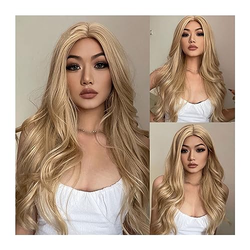 Perücken für Frauen TINY LANA Lange gewellte blonde synthetische Perücken mit Highlights im Mittelteil for Afro-Frauen, Cosplay, natürliches Haar, hitzebeständige Faser für die Tägliche Party Cosplay