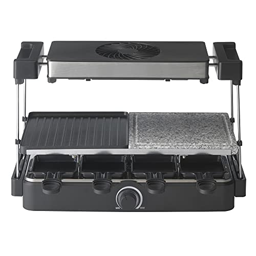 Trebs Raclette Grill 15100 - Raclette mit Dunstabzug - Steingrill - Teppanyaki - 8 Raclette Pfännchen - Doppelt Antihaftbeschichtet - 1300 Watt - Schwarz