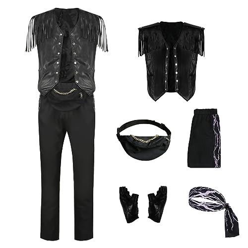 AYYOHON Herren Lederweste mit Fransen, Cowboy-Weste, ärmellose Jacke, Hose, Bandana, Handschuhe, Bauchtasche, Set für Erwachsene, Quaste, Outwear-Anzug, XL