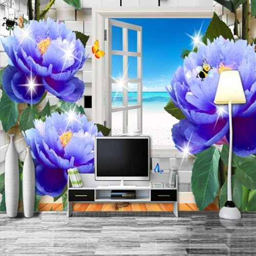 Die Dreidimensionalen Fenster Die Fenster Die Lila Rosen 3D Tapete Poster Restaurant Schlafzimmer Wohnzimmer Sofa TV Dekorative Wand-300cm×210cm