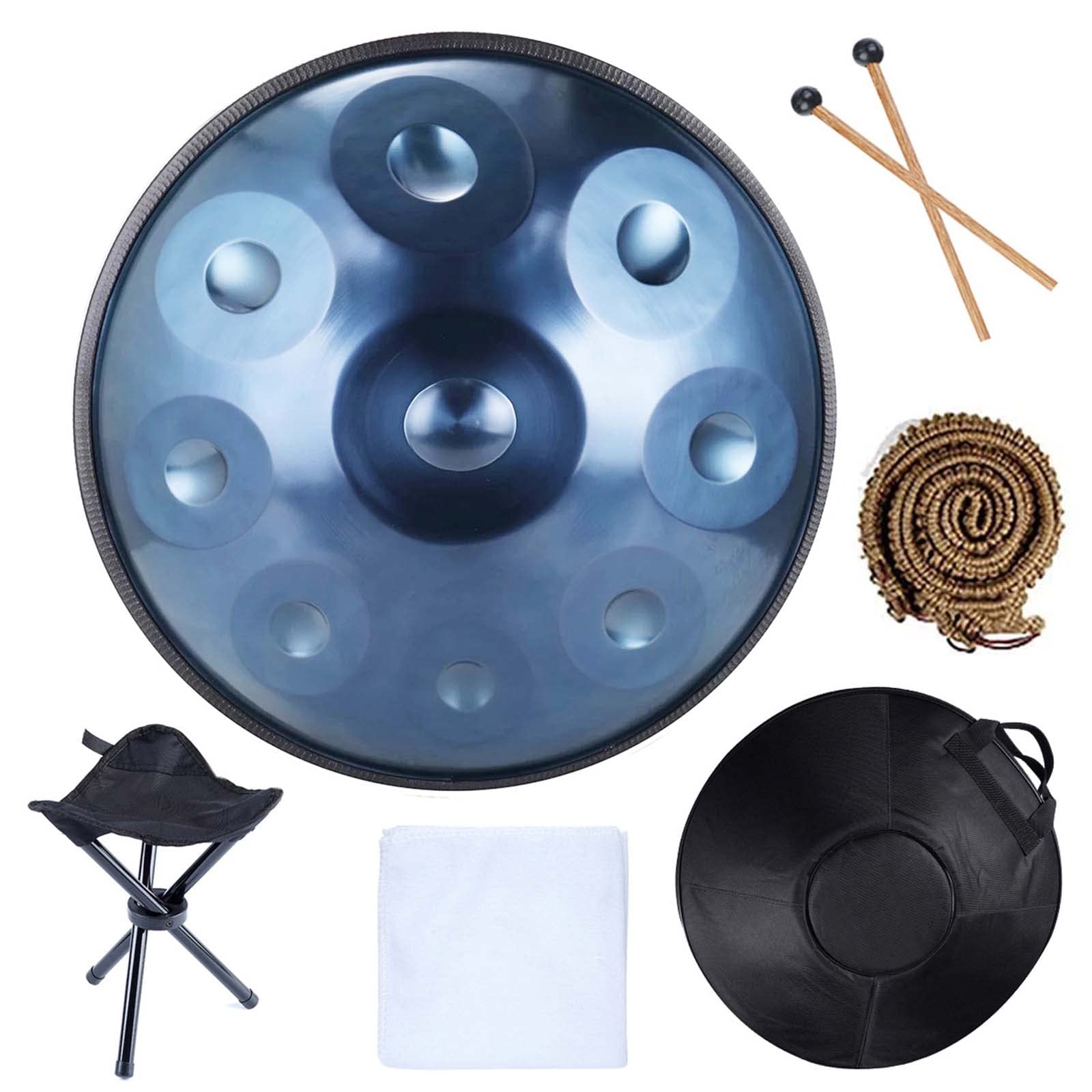 22-Zoll-Handpan-Trommel, D-Moll 9/10/12 Hinweis Handtrommel Aus Stahl, mit Weicher Handpan-Tasche, 2 HandpanschläGel, Handpan-StäNder, Kann mit Drumstick Gespielt Werden,Blue 9 tones,22in