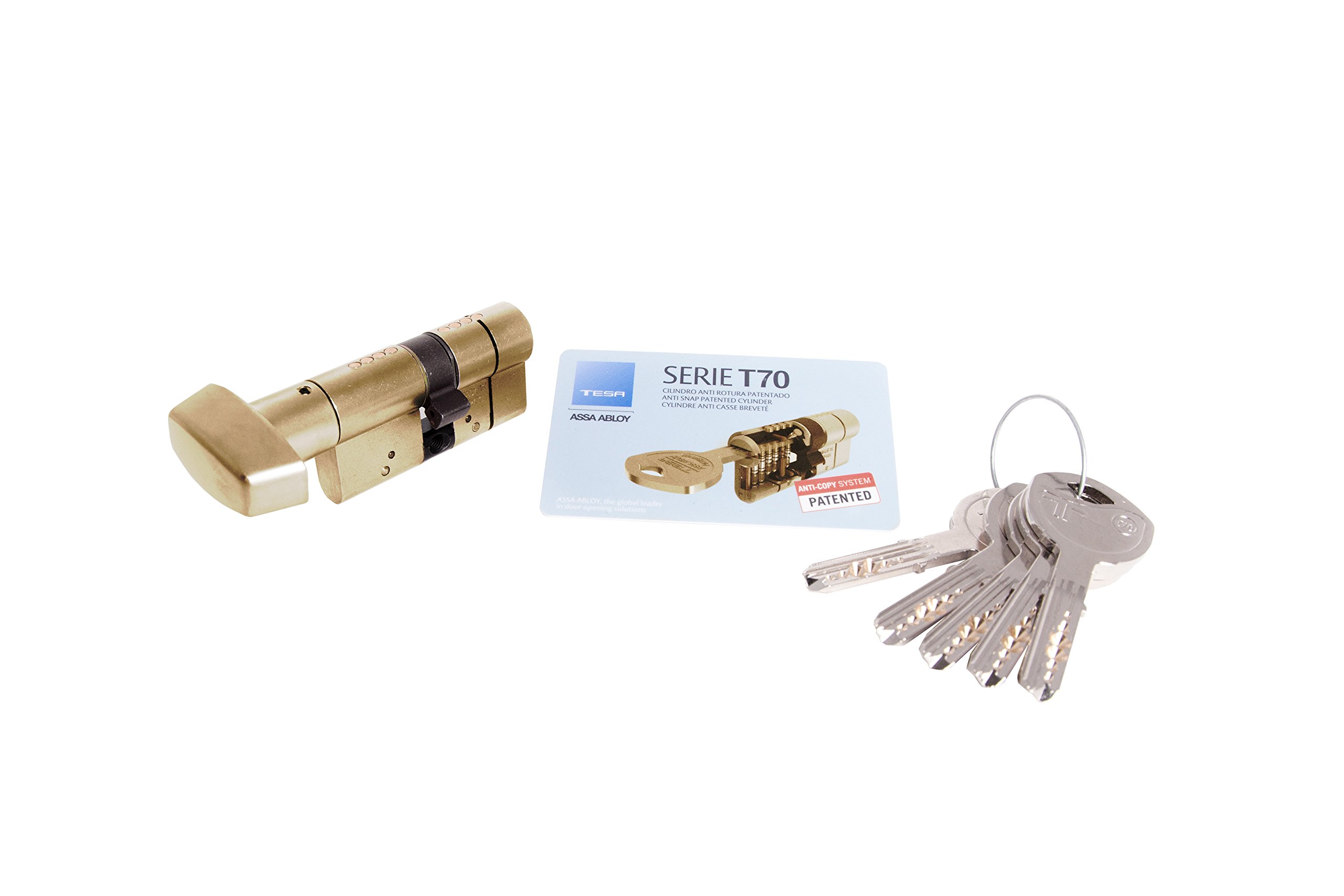 Tesa Assa Abloy, T75B3535L, Sicherheitszylinder, T70, Lange Nocken, Schlüssel-Taste, 35 x 35 mm, Messing-Finish, 35x35 mm