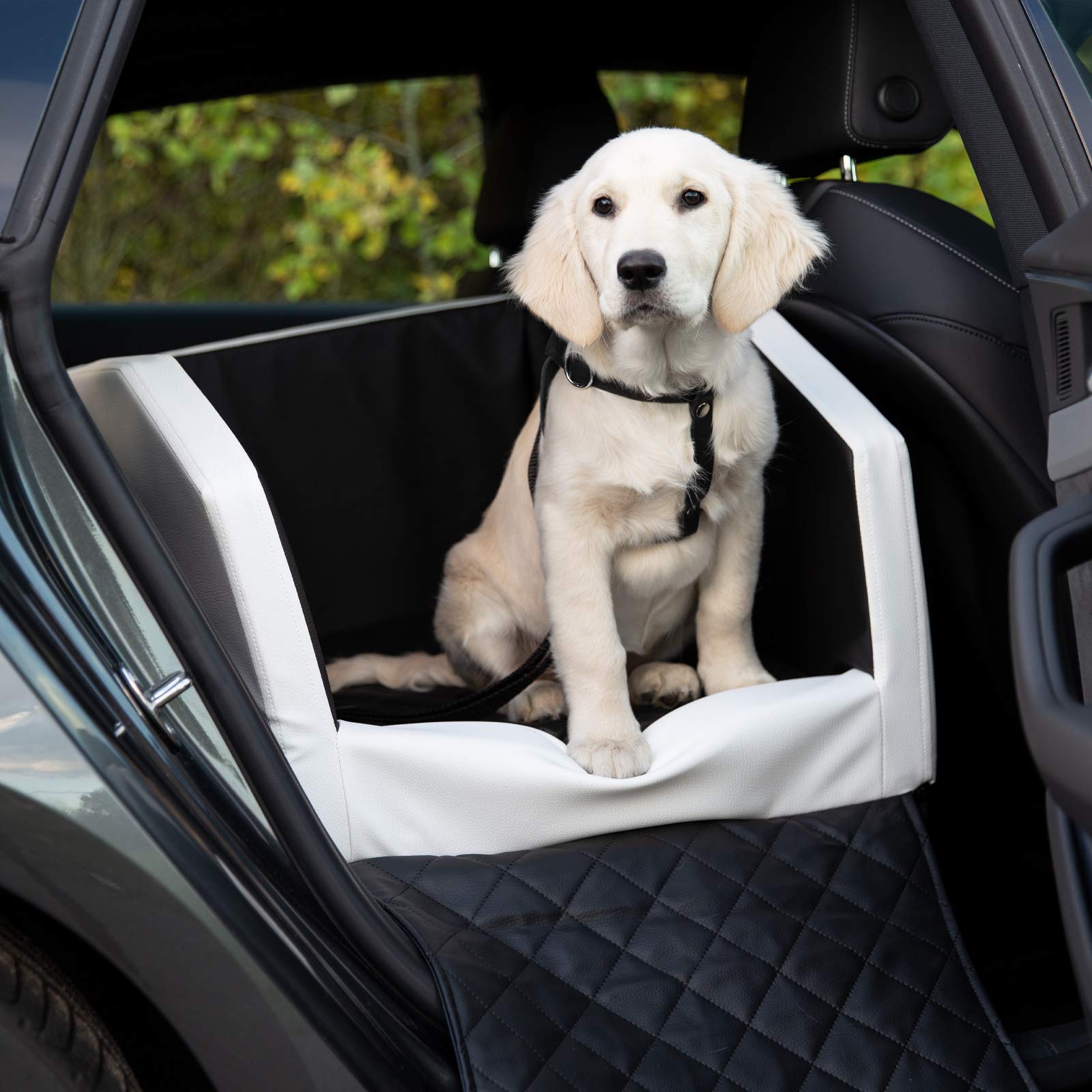 CopcoPet Rücksitz Hundeautositz Autohundebett Hundebett Transportbett Autoschondecke (55 x 70 x 38 cm Orthopädisch, Weiß-Schwarz)