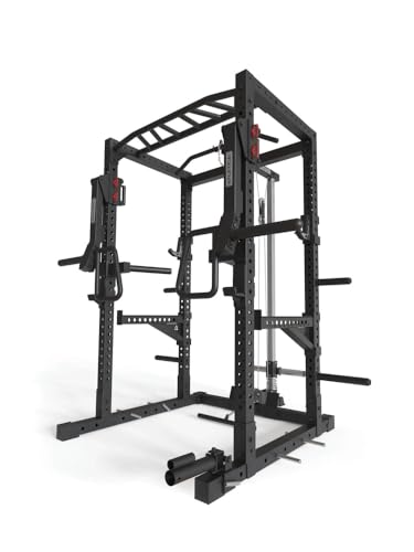 Atletica R7 Kano | 200 cm Höhe Power Rack mit Latzug-/Ruderstation, Jammer/Spotter Arms, Pull-Up/Dip Bar, J-Hooks, Weight-Pins, Landmine, Band Pegs