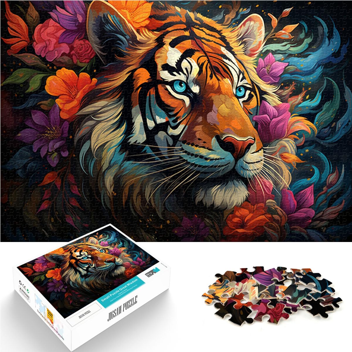 Puzzle, Lernspiele, farbenfrohe psychedelische Kunst, Blumentiger für Erwachsene, 1000-teiliges Puzzle, Holzpuzzle, unmögliches Puzzle, 1000 Teile (50 x 75 cm)