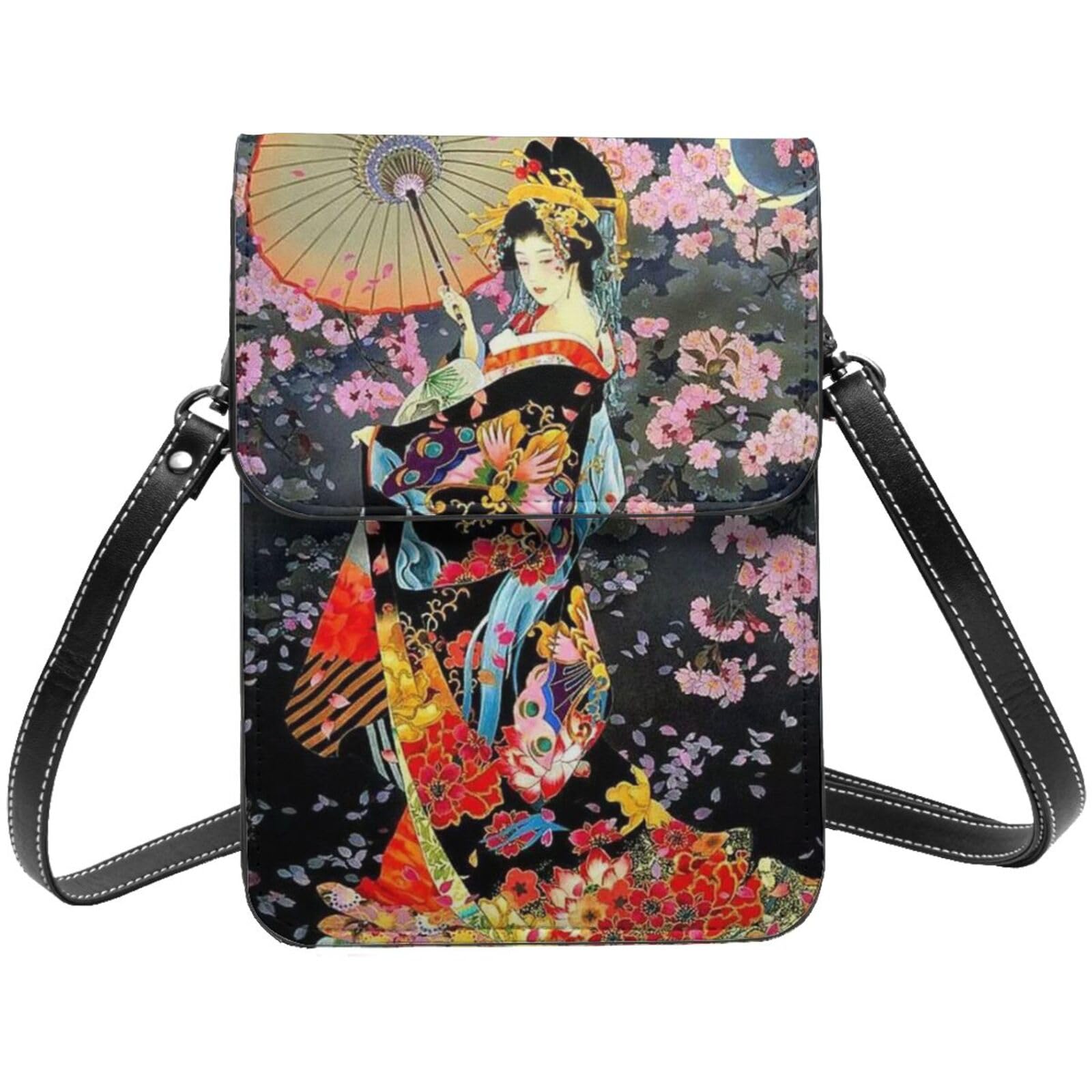 DENMER Kleine Handy-Geldbörse im Retro-Stil, japanische Geisha, kompakte und stilvolle Handy-Geldbörse für Damen, weiches und strapazierfähiges Mikrofaser-Leder