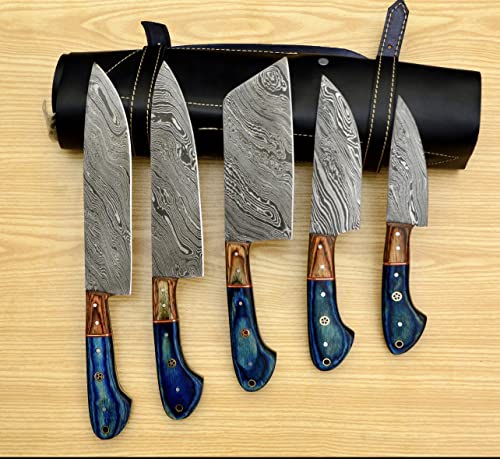 CraftTal Handgefertigtes Damast-Kochmesser-Set, 5-teilig, komplettes Küchenmesser-Set, Hackmesser, Messer-Set, Jubiläum, Weihnachten, Geburtstag, Geschenkartikel (Stamina Holz Blau)