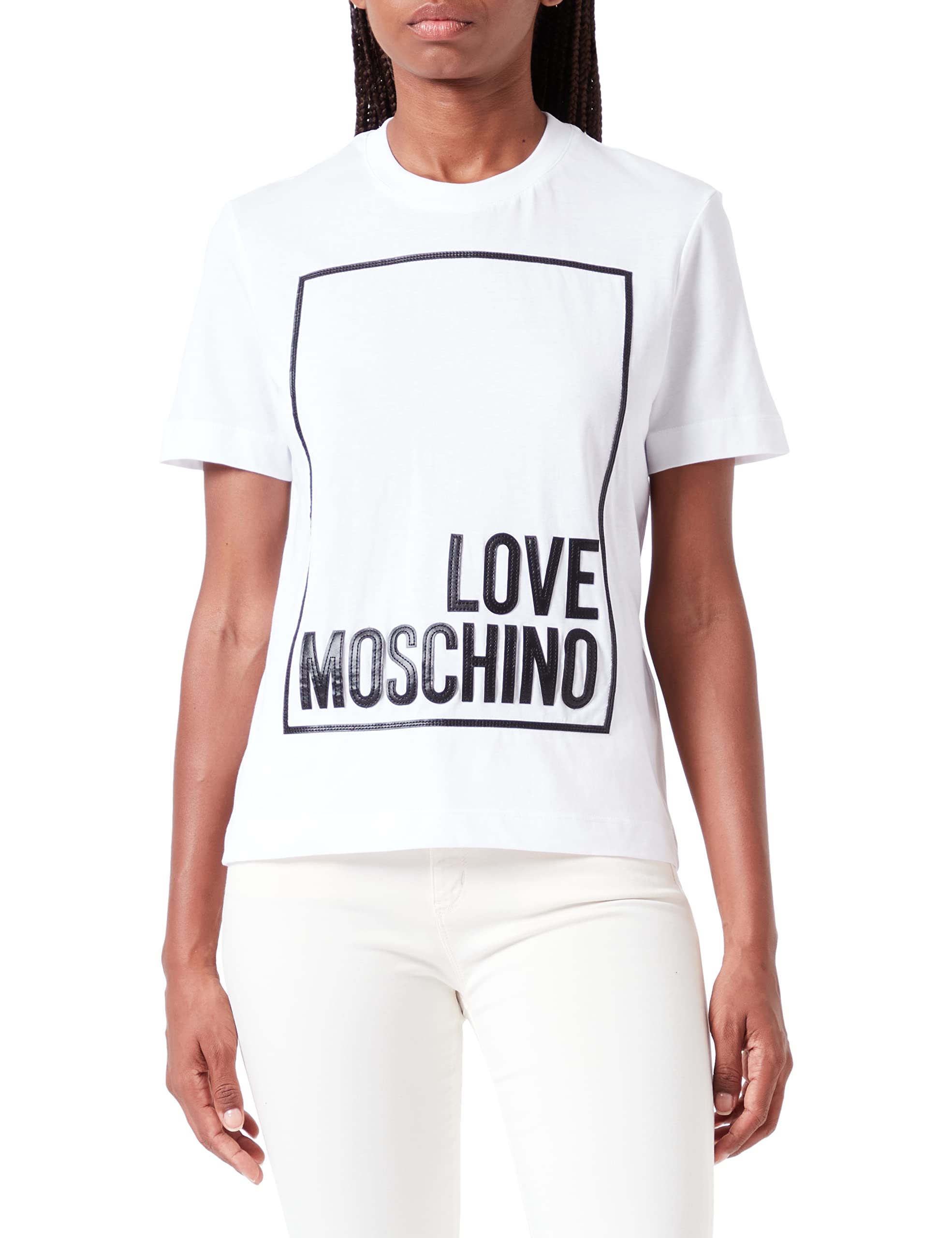 Love Moschino Damen Regular Fit Short Sleeveswith Logo Box Design T Shirt, Optical White, 38 EU