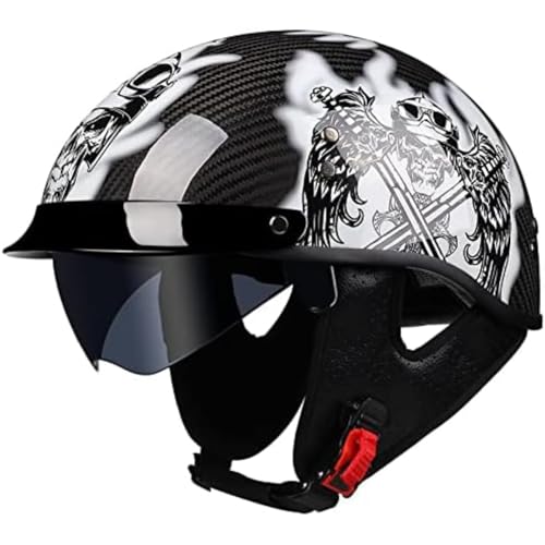 BYFHHHH Halbschalenhelm, ECE-Zugelassener Carbonfaser-Motorradhelm, Helm-Scooter, Integriertes Visier, Verstellbarer Schnellverschlussgurt, Für Cruiser, Chopper, Biker, Moped L,XXL=63~64CM