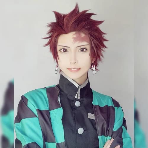 LINLINCD-Anime Coser Anime Cosplay Demon Slayer Kamado Tanjirou Perücke Kurze geschichtete braune Perücken mit gratis Perückenkappe for Halloween Party Karneval Nachtleben